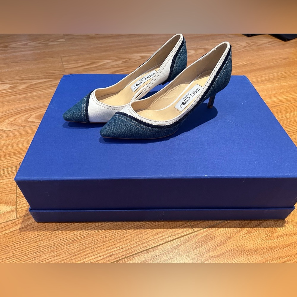 Size 35 Jimmy Choo Canvas and Denim Pointed Toe Kitten Heels